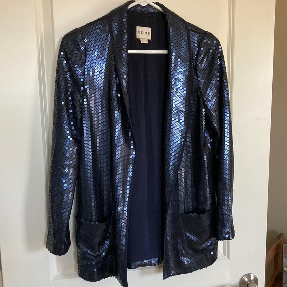 Reiss Jackson Blue Jackson Sequin Blazer Jacket Womens Size XS